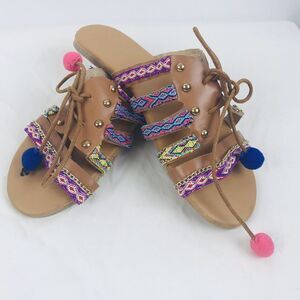 Boho Flat Tassel‎ Gladiator Sandals Summer Beach Shoes Size 6 Tan Pink